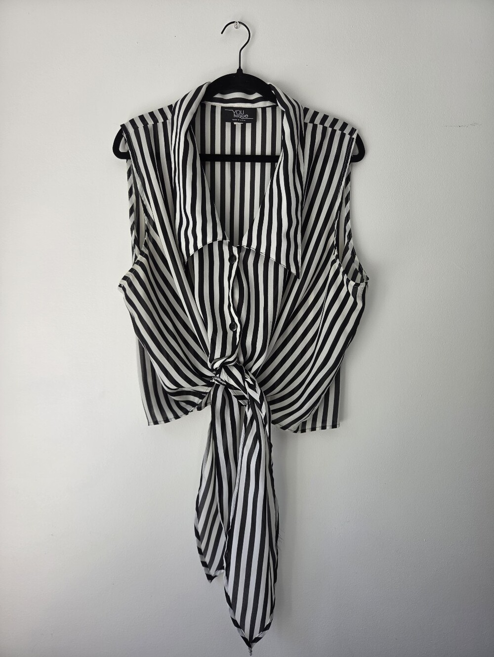 Vintage 90s "You Nique" - Black & White Vertical Striped Tie-Front Sleeveles